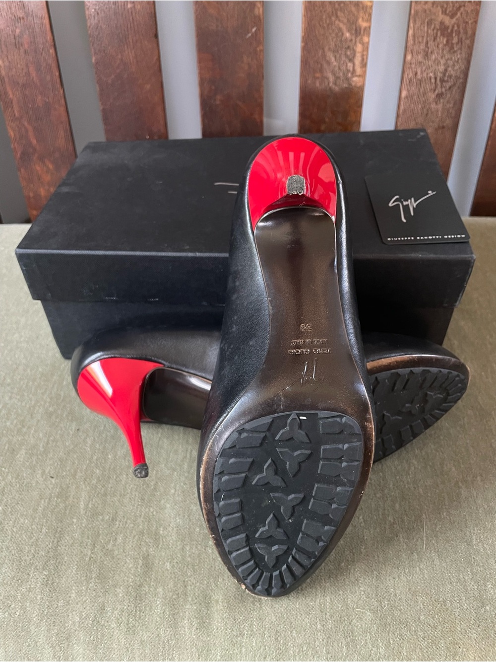 Giuseppe Zanotti Black Leather Pumps with Red Stiletto Heels - Picture 4 of 5
